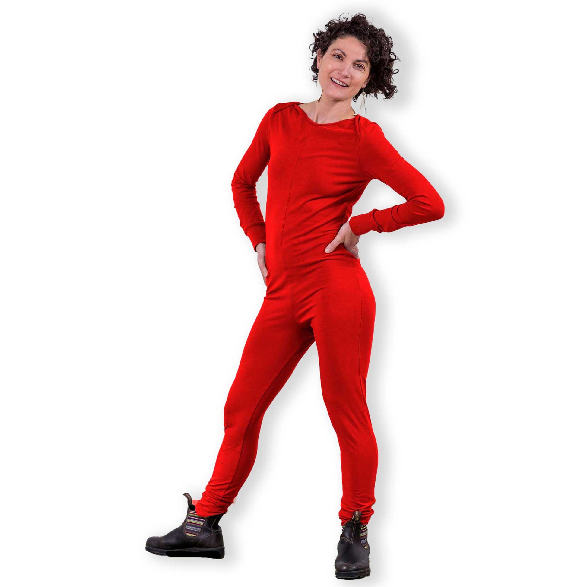 Mod Union™ | Red Bamboo Jersey Knit Women's Long Sleeve Union Suits-Loungewear-Small-Red-Hagsters